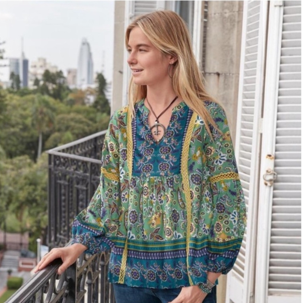 Boho Green Printed Peasant Blouse - Brand: